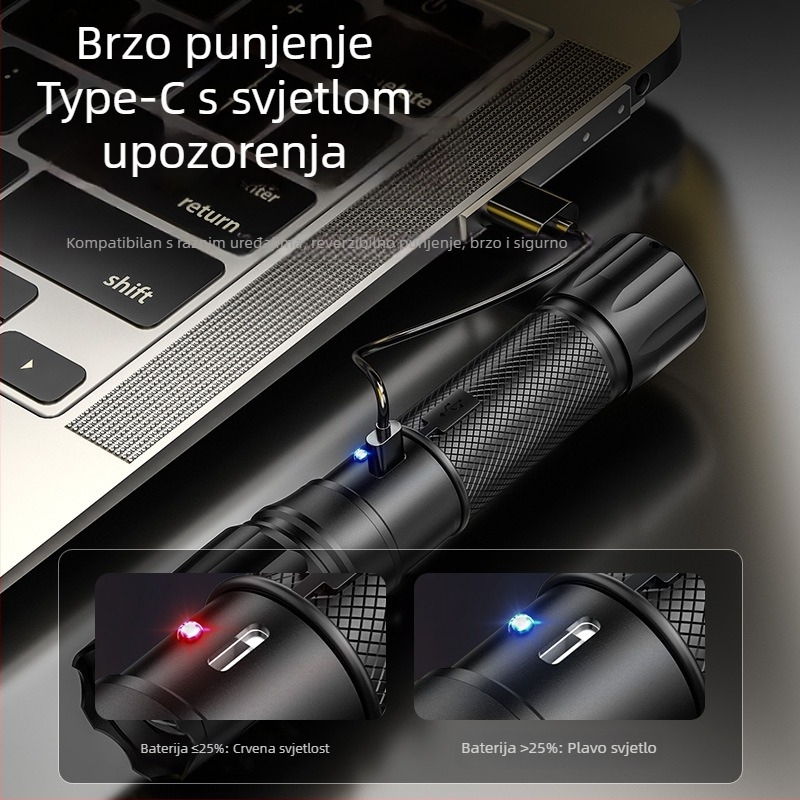 LED baterija sa zoomom, USB punjenje, kućište od aluminijske legure, baterija 1200mAh, domet 200–500 m