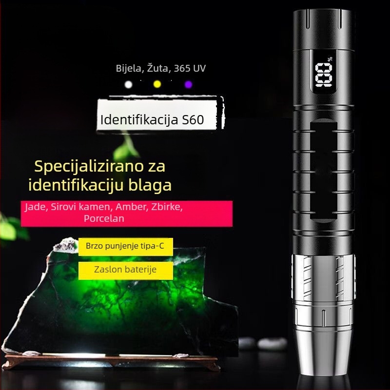 Fener za identifikaciju nefrita i nakita s UV svjetlom 365 nm, kućište od aluminijske legure, punjiva baterija 3000 mAh, LED 10 W, domet 100–200 m