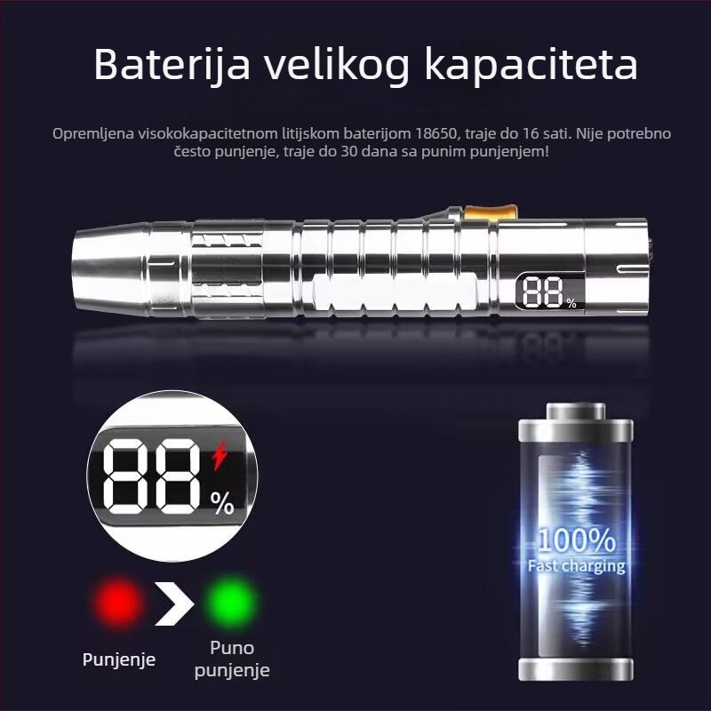 Fener za identifikaciju nefrita i nakita s UV svjetlom 365 nm, kućište od aluminijske legure, punjiva baterija 3000 mAh, LED 10 W, domet 100–200 m