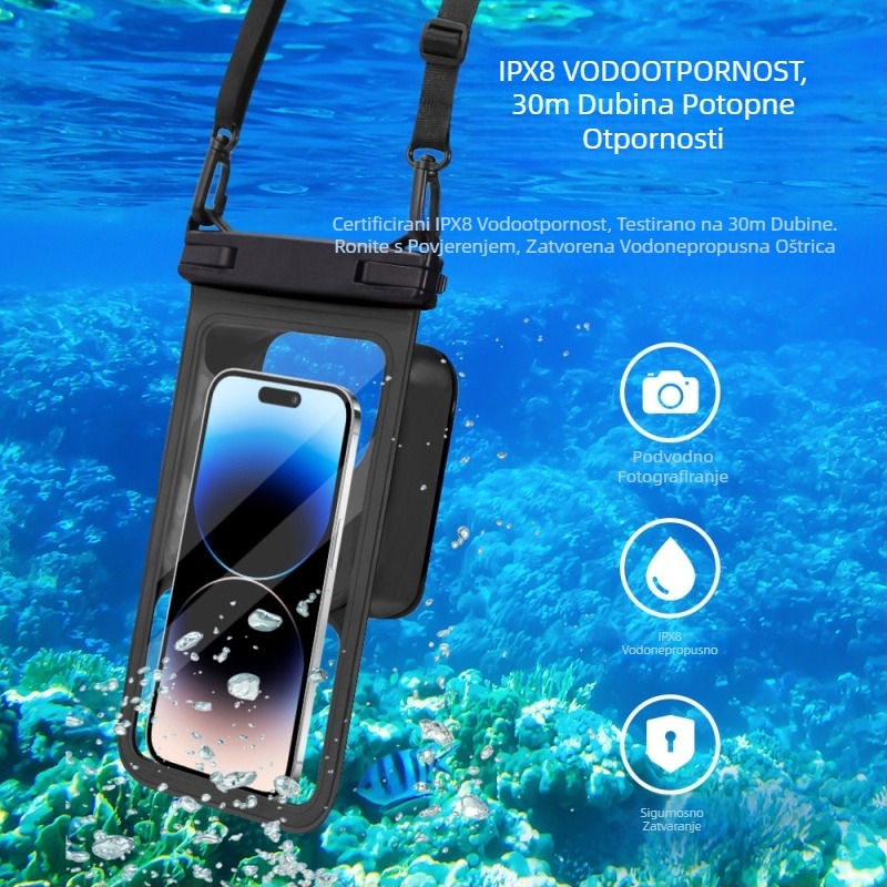 Vodootporna torbica za telefon s dodirnim zaslonom za podvodnu fotografiju, vanjska PVC torbica, prilagodljiva s otisnutim logom, kapacitet 7.5