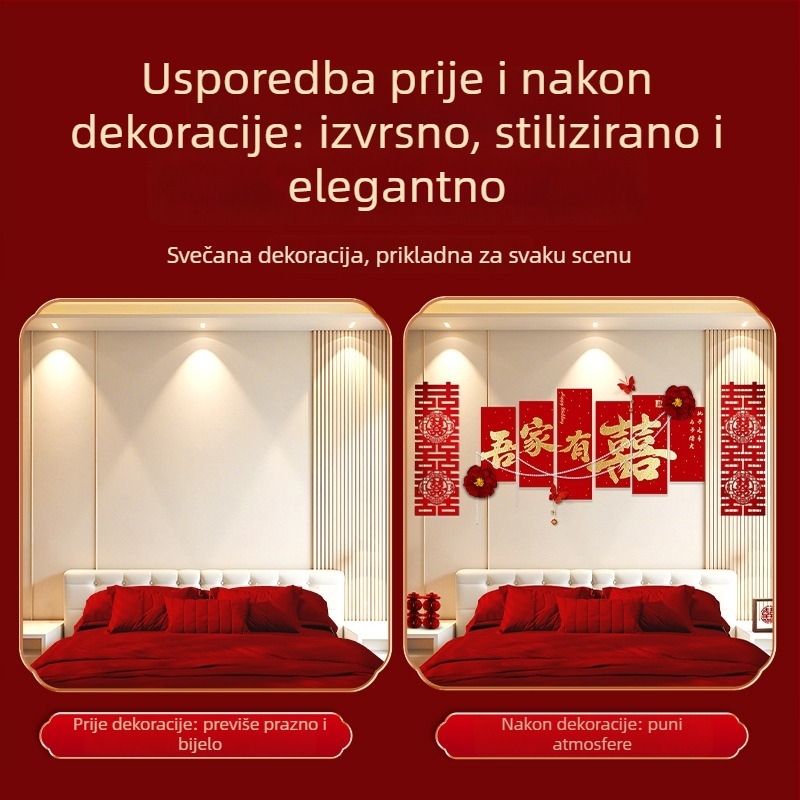 Set za dekoriranje spavaće sobe mladenca s pozadinom uzglavlja kreveta i zidnom girlandom — Materijal: KT ploča; Pakiranje: karton; Namjena: vjenčanje; Kategorija: Ostale svadbene potrepštine