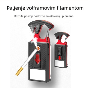 Višenamjenski ključni lanac s LED svjetlom i alatom: odvijač, kljuć, otvarač boca, sigurnosni reznik, upaljač; COB svjetlo 10W, baterija 400 mA.