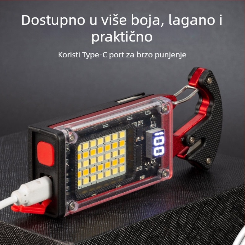Višenamjenski ključni lanac s LED svjetlom i alatom: odvijač, kljuć, otvarač boca, sigurnosni reznik, upaljač; COB svjetlo 10W, baterija 400 mA.