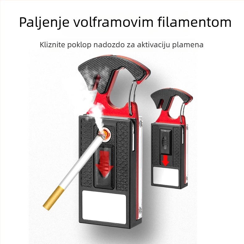 Višenamjenski ključni lanac s LED svjetlom i alatom: odvijač, kljuć, otvarač boca, sigurnosni reznik, upaljač; COB svjetlo 10W, baterija 400 mA.