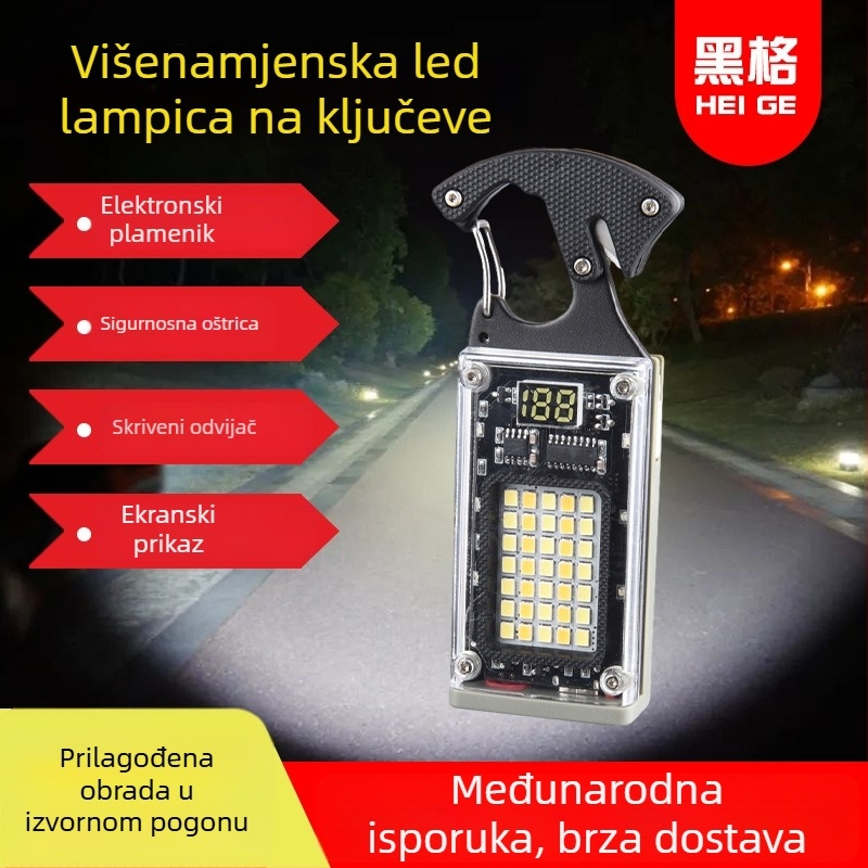 Višenamjenski ključni lanac s LED svjetlom i alatom: odvijač, kljuć, otvarač boca, sigurnosni reznik, upaljač; COB svjetlo 10W, baterija 400 mA.