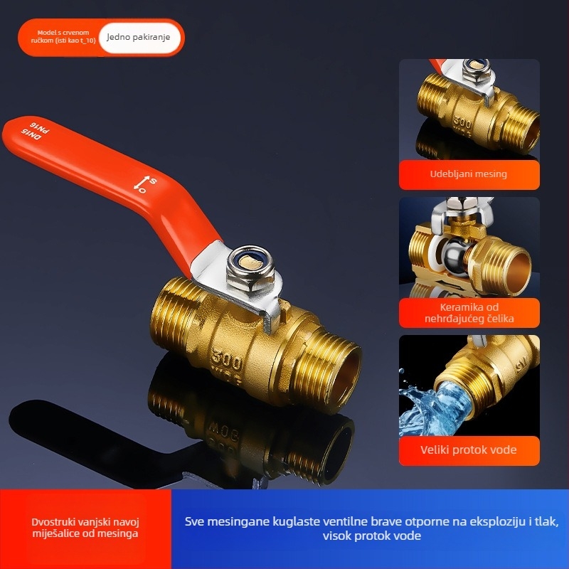 Bakreni kuglasti ventil s unutarnjim i vanjskim navojem, duga ručka, brzo otvaranje, prav tok (model OQFNW-H)