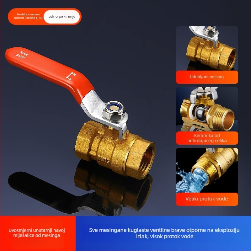 Bakreni kuglasti ventil s unutarnjim i vanjskim navojem, duga ručka, brzo otvaranje, prav tok (model OQFNW-H)