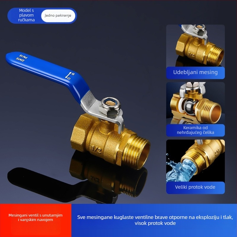 Bakreni kuglasti ventil s unutarnjim i vanjskim navojem, duga ručka, brzo otvaranje, prav tok (model OQFNW-H)
