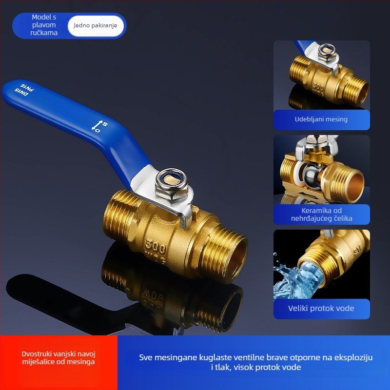 Bakreni kuglasti ventil s unutarnjim i vanjskim navojem, duga ručka, brzo otvaranje, prav tok (model OQFNW-H)