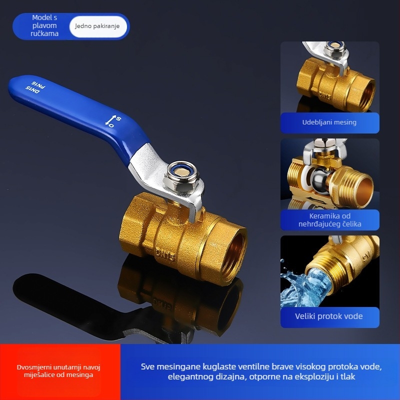 Bakreni kuglasti ventil s unutarnjim i vanjskim navojem, duga ručka, brzo otvaranje, prav tok (model OQFNW-H)