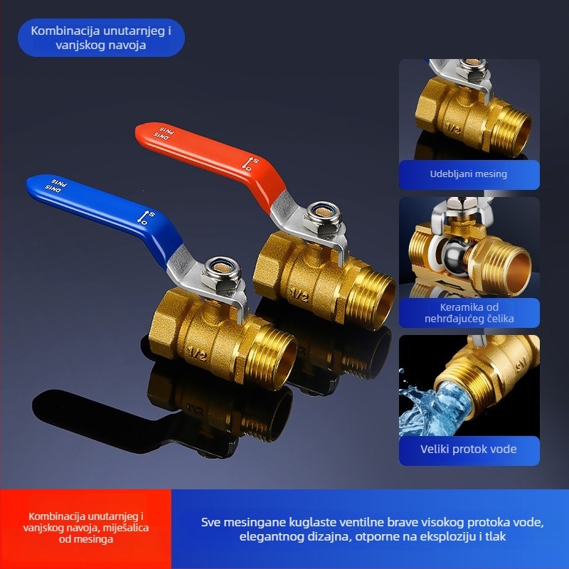 Bakreni kuglasti ventil s unutarnjim i vanjskim navojem, duga ručka, brzo otvaranje, prav tok (model OQFNW-H)
