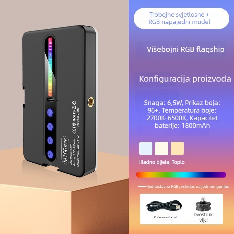 LED rasvjeta za ispunu M160 RGB – Prijenosno ručno RGB svjetlo za live streaming i fotografiju, ugrađena baterija, prilagodljiva temperatura boje 2500K–9900K