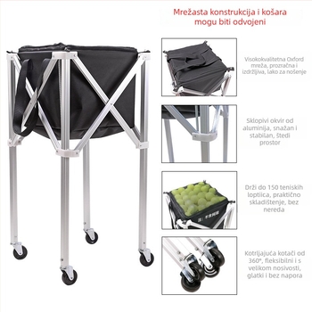 Sklopiva kolica za tenis od aluminijske legure s kutijom za skupljanje lopti i torbom za pohranu, prijenosno, velika zapremina, Neli, za badminton/tenis