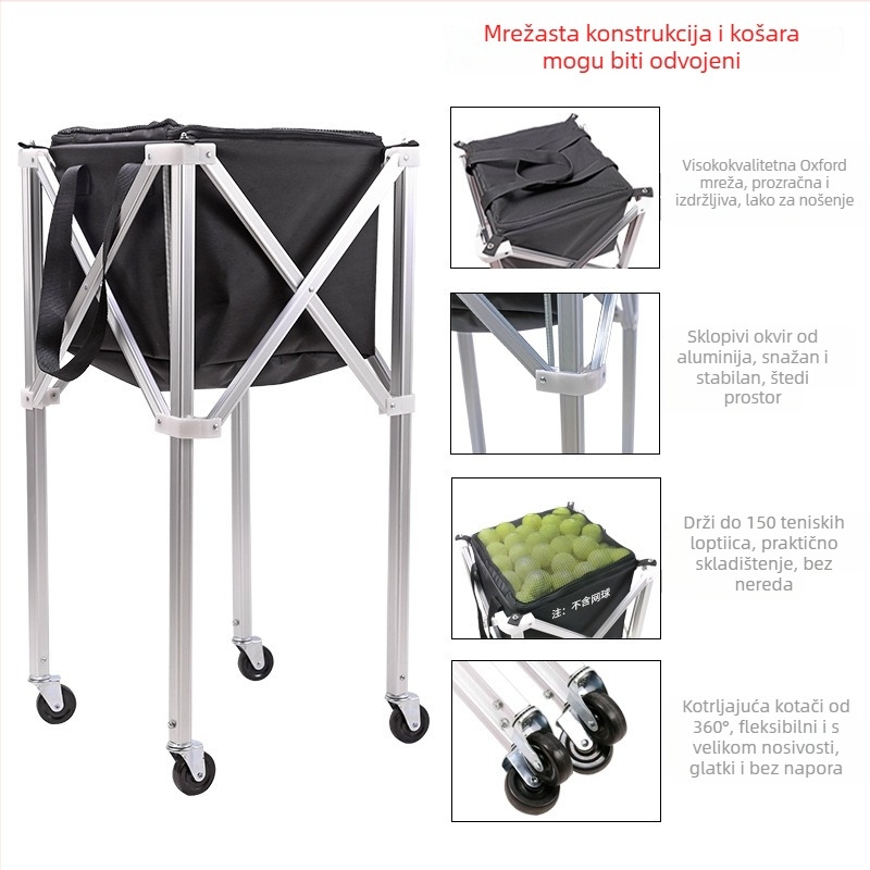 Sklopiva kolica za tenis od aluminijske legure s kutijom za skupljanje lopti i torbom za pohranu, prijenosno, velika zapremina, Neli, za badminton/tenis