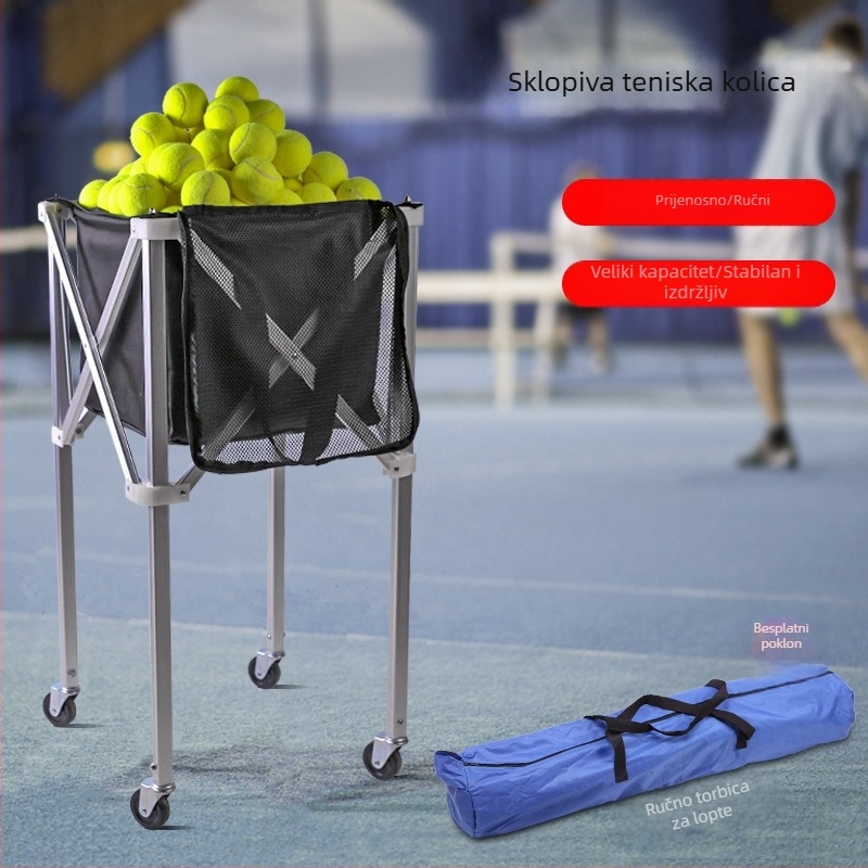 Sklopiva kolica za tenis od aluminijske legure s kutijom za skupljanje lopti i torbom za pohranu, prijenosno, velika zapremina, Neli, za badminton/tenis
