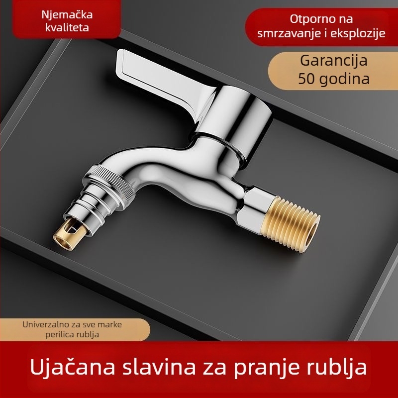 Bakreni slavina za perilicu rublja na balkon, spiralna instalacija, 4‑točka ulaz/izlaz, samo hladna voda, keramički disk ventil, brzo otvaranje