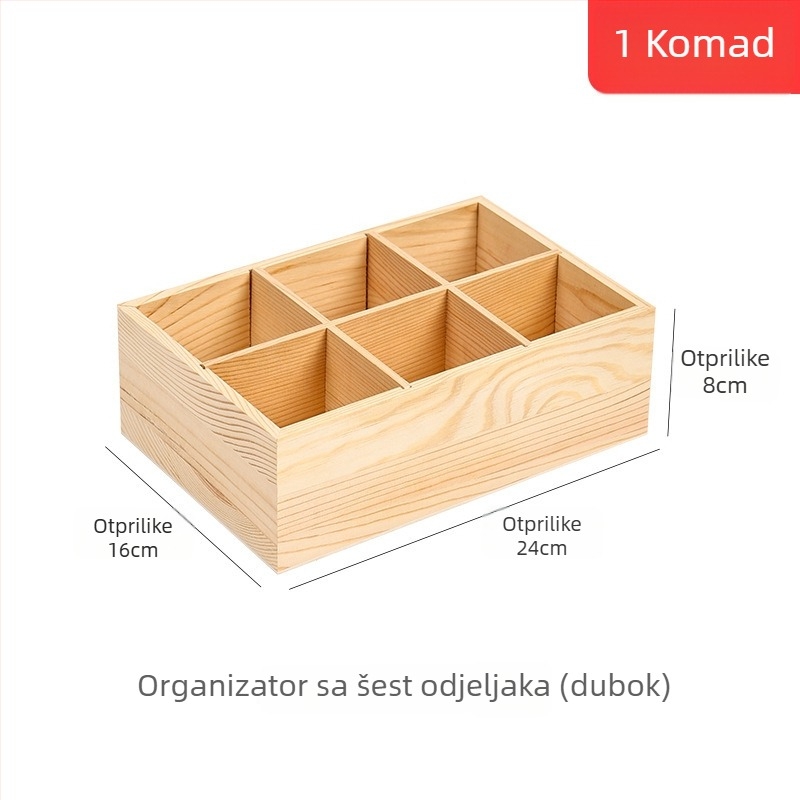Drveni stolni organizator s podijeljenim pretincima – kutija za pohranu uredskih potrepština na radnom stolu, moderni minimalistički stil
