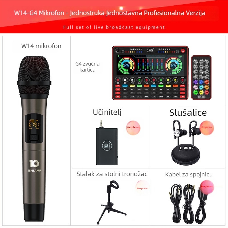 Ten Lights G-4 Mikrofonski za računalo za karaoke s ugrađenom baterijom 2000–4000mAh i vanjskom zvučnom kartom, bežično, trajanje baterije 3–6 sati, SNR ≥70 dB