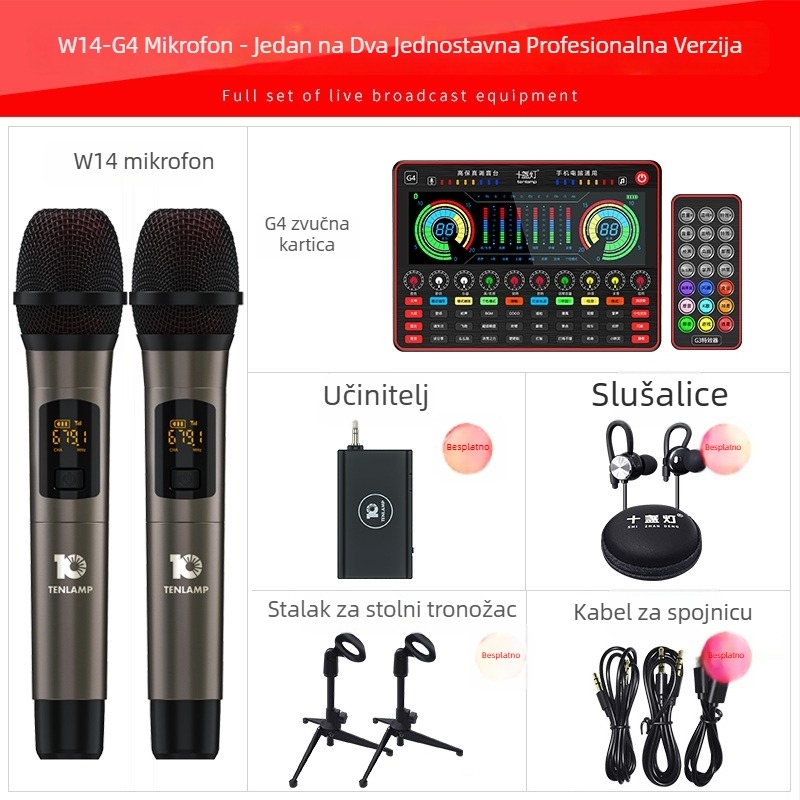 Ten Lights G-4 Mikrofonski za računalo za karaoke s ugrađenom baterijom 2000–4000mAh i vanjskom zvučnom kartom, bežično, trajanje baterije 3–6 sati, SNR ≥70 dB