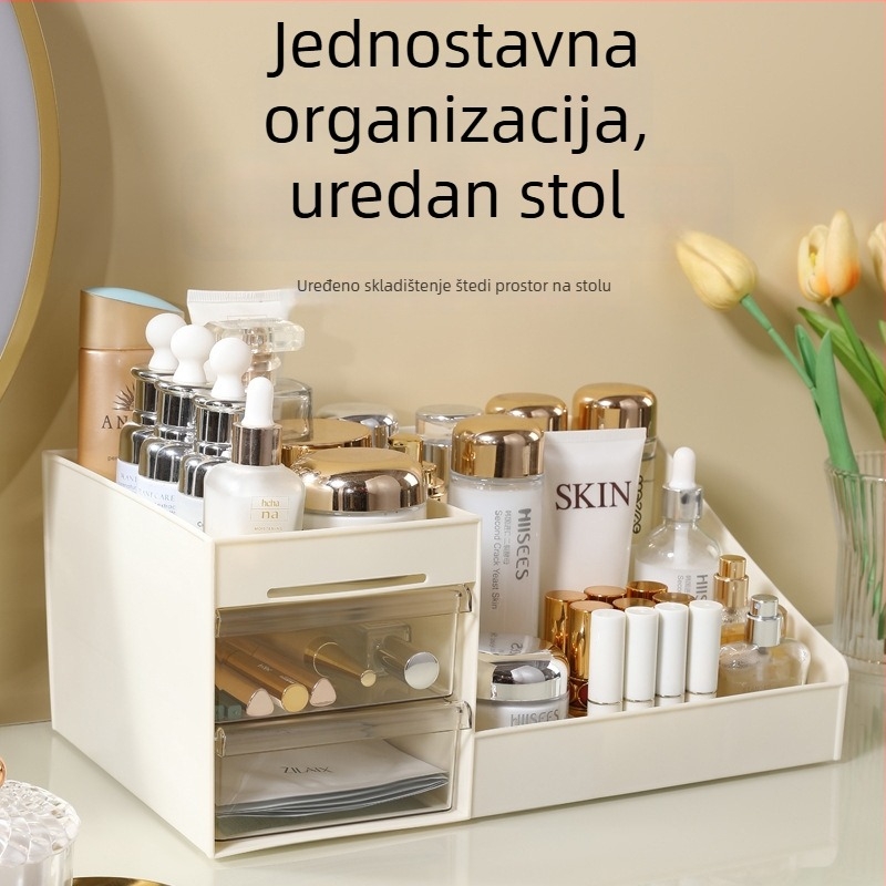 Stolni organizator za kozmetiku s pregradama, otporan na prašinu, velika kapaciteta, plast PP+PS, moderan minimalistički dizajn