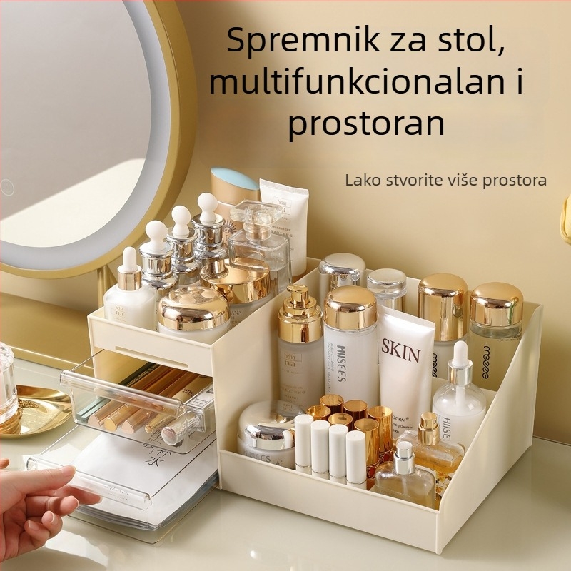 Stolni organizator za kozmetiku s pregradama, otporan na prašinu, velika kapaciteta, plast PP+PS, moderan minimalistički dizajn