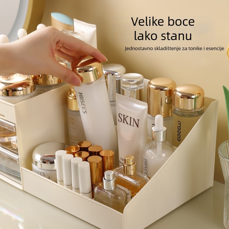 Stolni organizator za kozmetiku s pregradama, otporan na prašinu, velika kapaciteta, plast PP+PS, moderan minimalistički dizajn