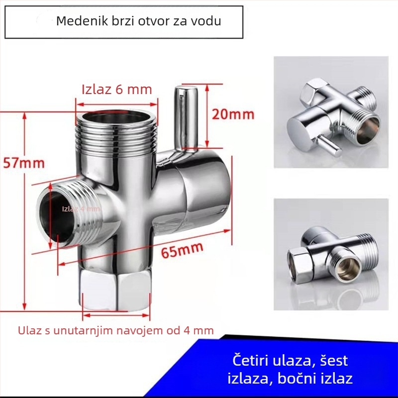 Bakreni tuš razdjelnik - 1 ulaz, 2 izlaza, spojnice 4/6 točaka, visok protok, troputni tuš dodatak