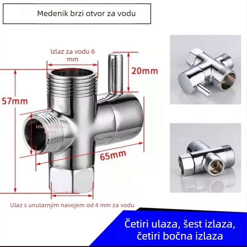 Bakreni tuš razdjelnik - 1 ulaz, 2 izlaza, spojnice 4/6 točaka, visok protok, troputni tuš dodatak