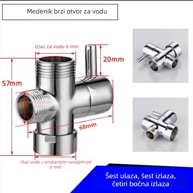 Bakreni tuš razdjelnik - 1 ulaz, 2 izlaza, spojnice 4/6 točaka, visok protok, troputni tuš dodatak