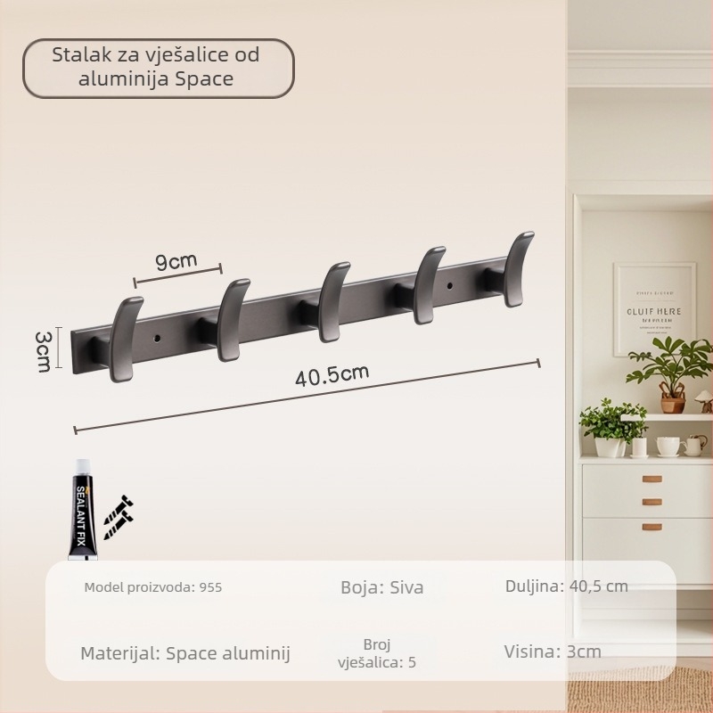 Stenska vješalica za kupaonicu i hodnik, model 955, materijal: space aluminum, završna obrada: electroplating, stil: moderni minimalistički dizajn