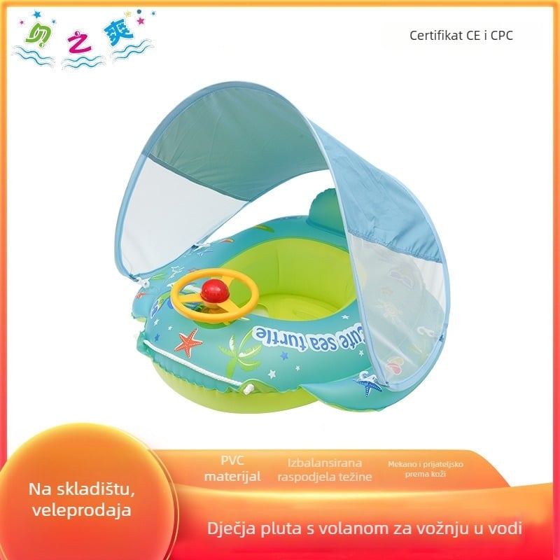 Dječji nafukivački plivački prsten s likom morskog psa — crtani uzorak, ekološki PVC, pogodan za bazen i vodeni park