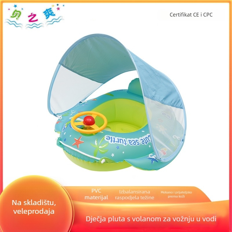 Dječji nafukivački plivački prsten s likom morskog psa — crtani uzorak, ekološki PVC, pogodan za bazen i vodeni park