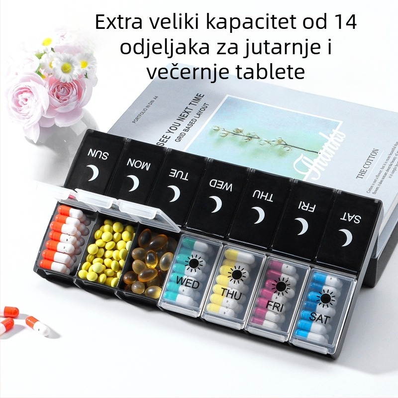 Kutija za pilule s 14 pretinaca, tjedno jutro–večer pakiranje, prijenosna, PP plastika, model 382