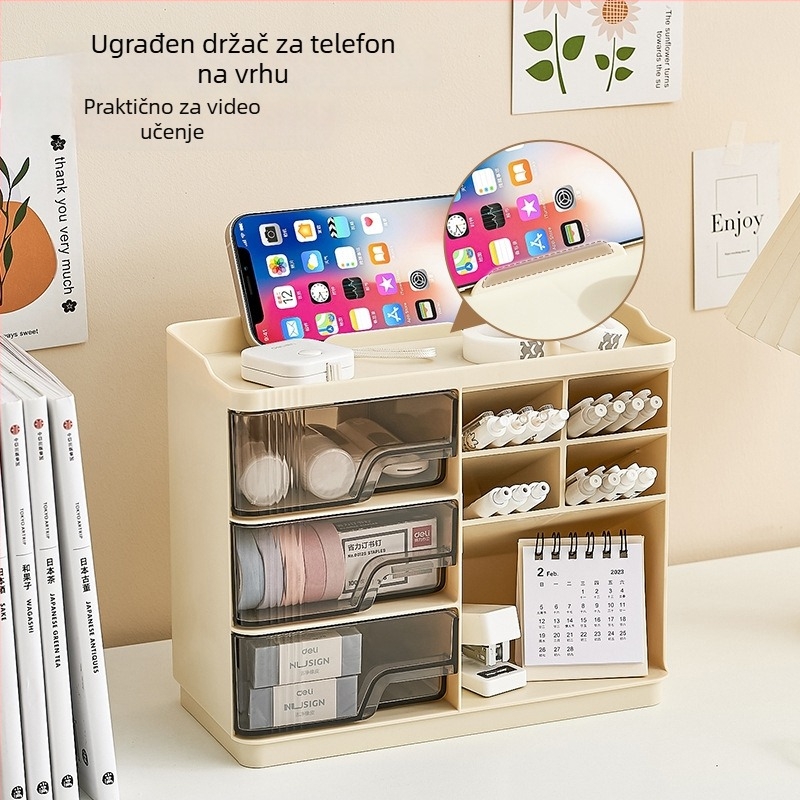 Kutija za uredske potrepštine s podjelama, višeslojni stolni organizator s ladicama, plast (HIPS+PS), kapacitet 2L