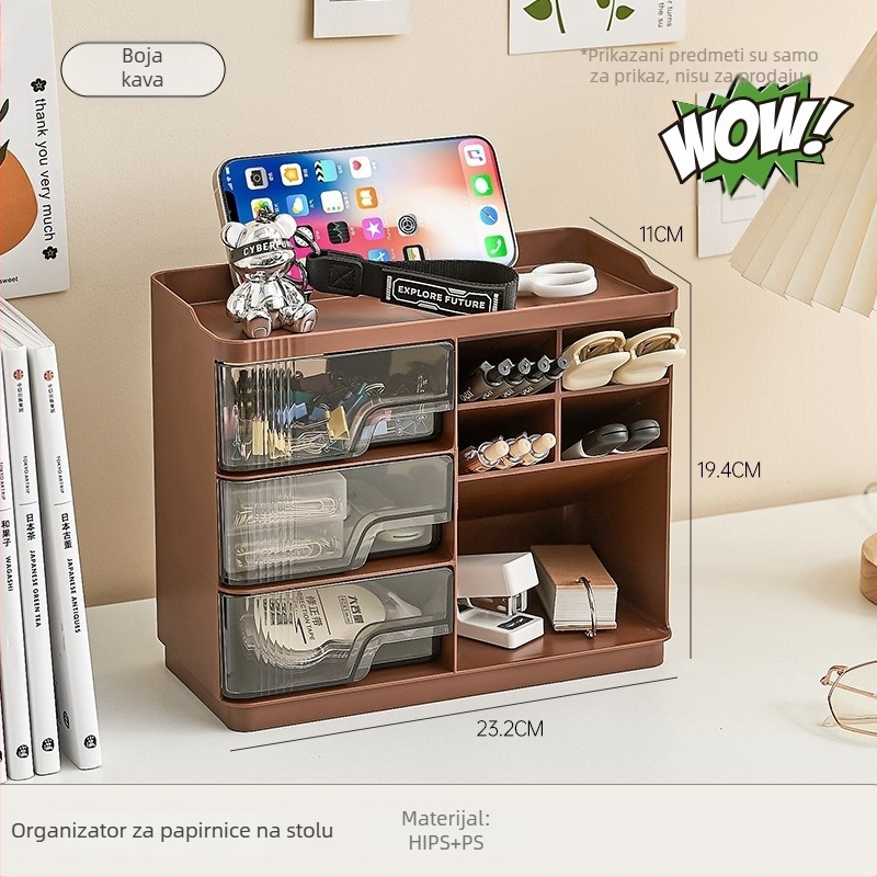 Kutija za uredske potrepštine s podjelama, višeslojni stolni organizator s ladicama, plast (HIPS+PS), kapacitet 2L