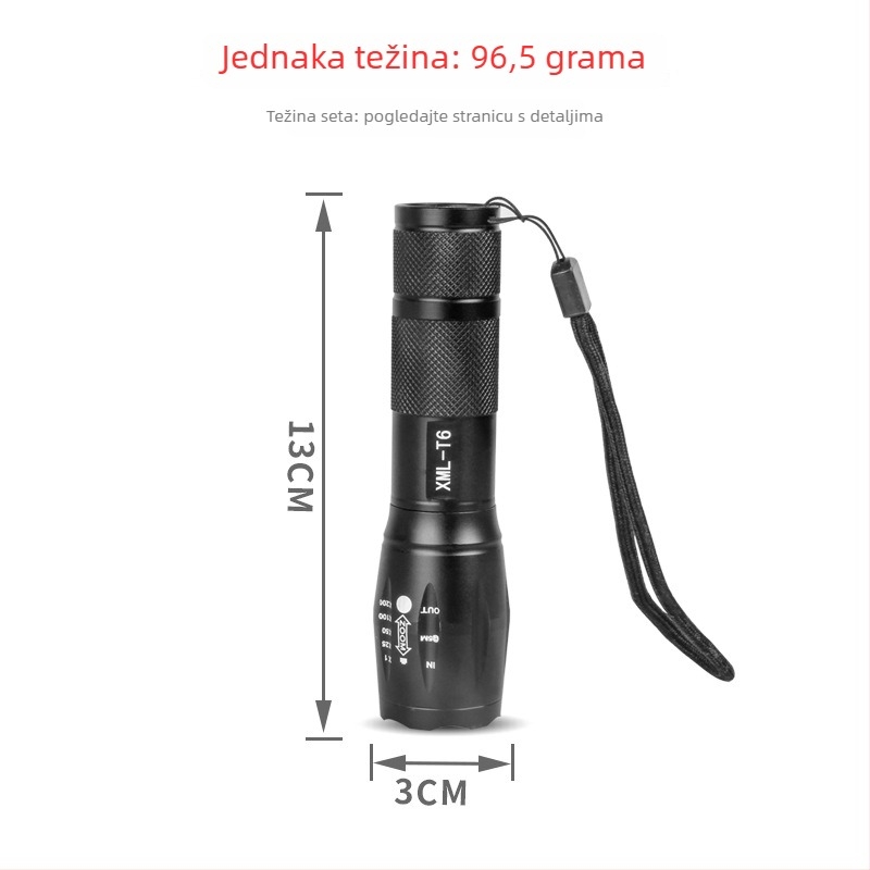 LED svjetiljka od aluminijske legure s T6 LED-om, podesivi fokus, dugi domet iznad 500 m, punjiva uz punjač, model A100