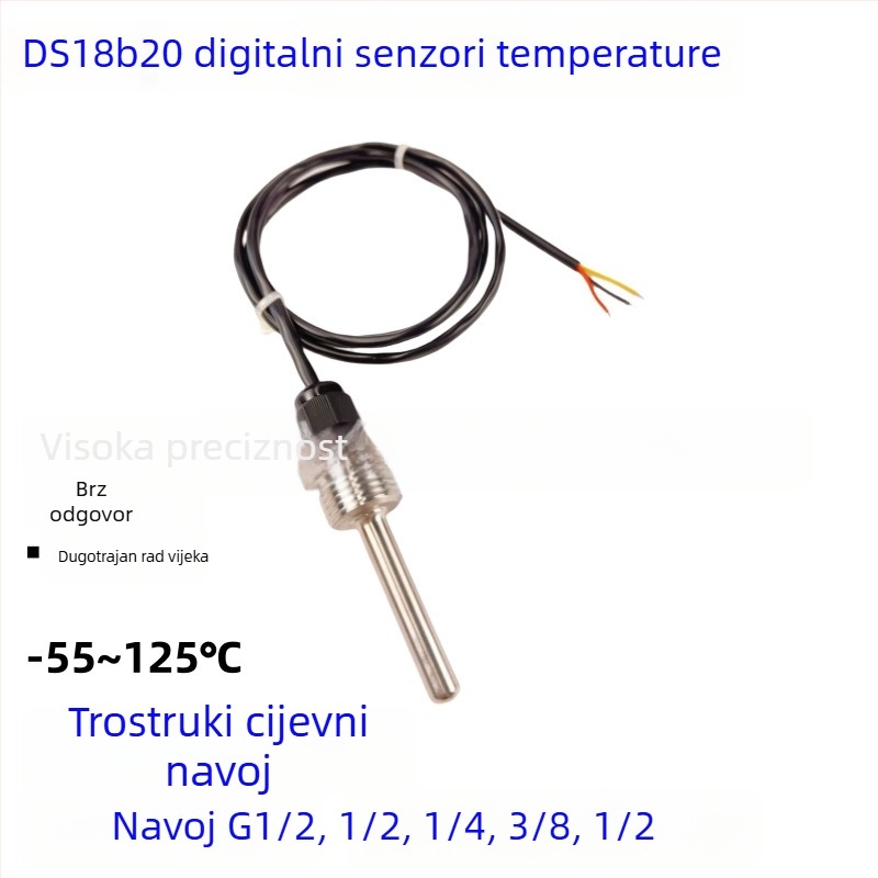 DS18B20 vodootporni digitalni senzor temperature s G1/2 navojem i nehrđajućom M10 sondom, ugradnja 6x50mm