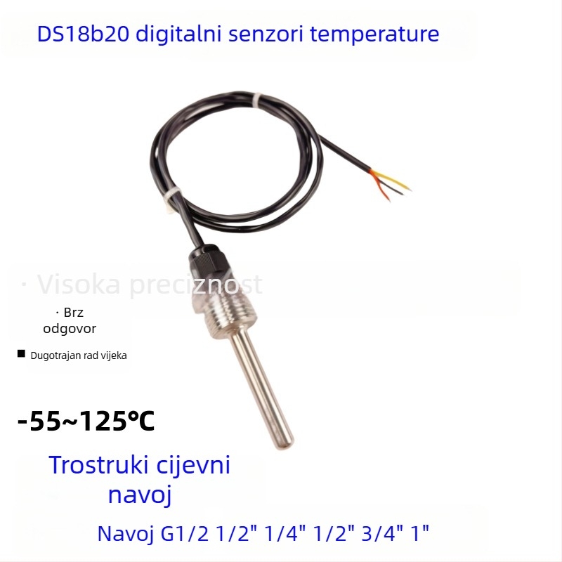 DS18B20 vodootporni digitalni senzor temperature s G1/2 navojem i nehrđajućom M10 sondom, ugradnja 6x50mm