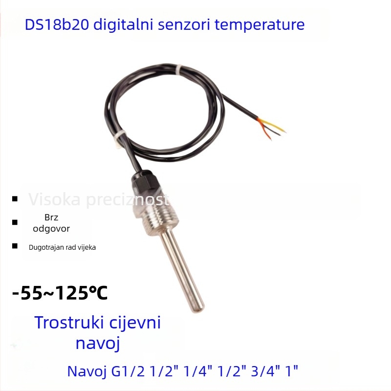 DS18B20 vodootporni digitalni senzor temperature s G1/2 navojem i nehrđajućom M10 sondom, ugradnja 6x50mm