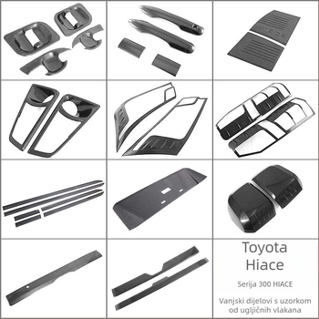 Kompletan vanjski naljepnik za Toyota Hiace: ručka vrata, vanjski retrovizor, dekorativni okvir prednje rešetke — ABS materijal, postavljanje ljepilom, bez prerade