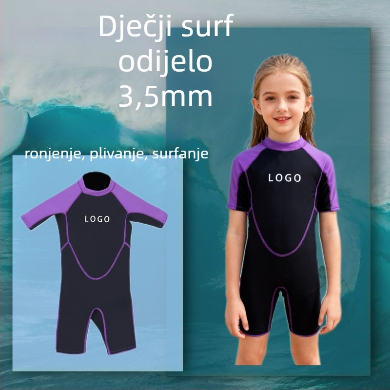 3.5mm dječji jednodijelni wetsuit s kratkim rukavima, topao za surfanje, snorkeling i plivanje; unisex, jednobojni; materijal: pjena otporna na tlak; sezona: ljeto, proljeće, jesen.