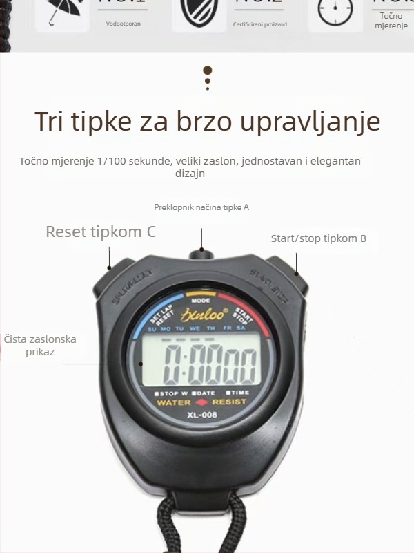 Sportska štoperica – ABS kućište, vodootporna, s funkcijom pauze, protuklizni držač, težina 20,8 g (Vodootporno; Pauza; Protuklizno; ABS; Težina 20,8 g)