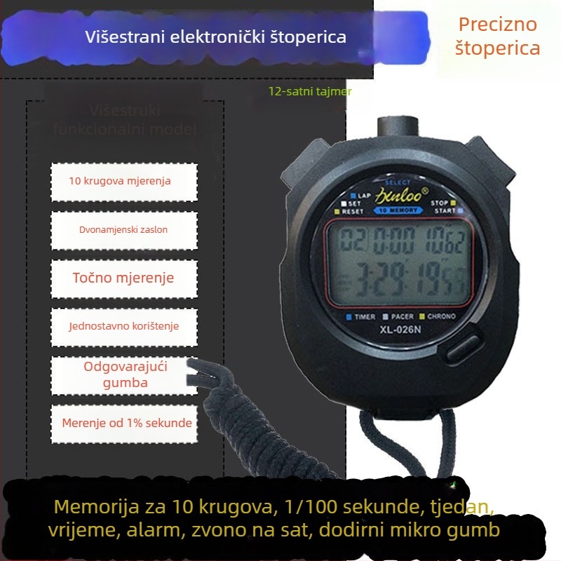 Elektronički štoper XL-026N s dvostrukim redom zaslona, ABS kućište, 82,3 g