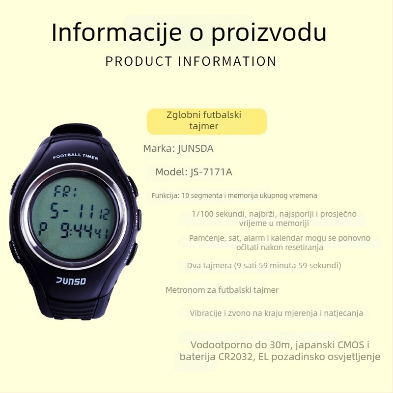 Elektronički štoperica/časovnik JS7171A od JUnSD/Junsda — ručni nogometni sat, vodootporan, s pauzom, protuklizno