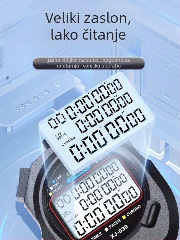 Elektronički štoperica mjerač s ABS kućištem, vodootporan, pauza, protuklizno, zaslon 1–3 redova, pogodan za trčanje i treninge