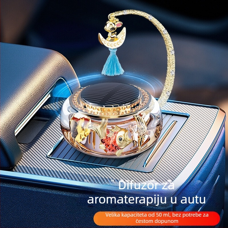 Automobilski difuzer mirisa sa solarnim napajanjem i rotirajućom zlatnom ribicom, stakleni držač parfema, kapacitet 50-100 ml, montira na instrument panel, mirisi cvjetni i oceanski