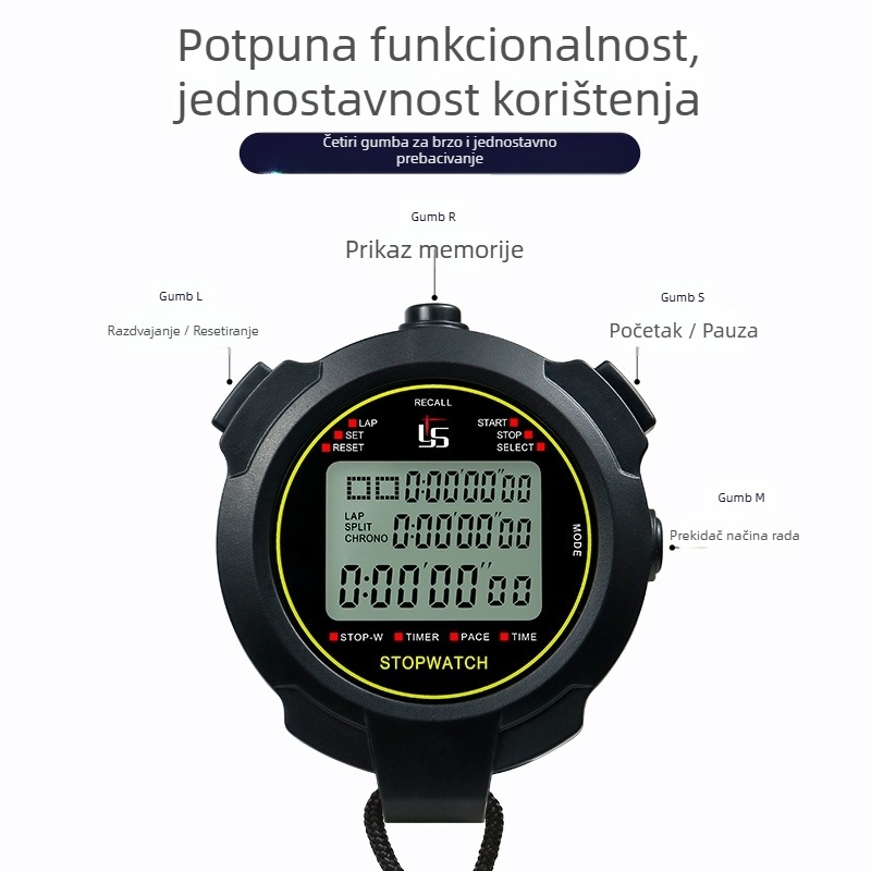 Elektronički štoperica s ABS kućištem, vodootporna, funkcija pauze, zaslon s tri reda, otisnuti logo