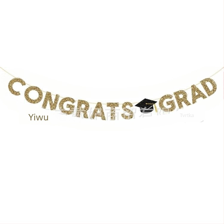Zavjesa zastave za proslavu mature CONGRATS GRAD, sa svjetlucavim detaljima i motivom doktorskog šešira; Materijal: papir, vrpca; Kategorija: rekviziti za uređenje prostora; Primjereno za: dekoracije mature; Uzorak: bez uzorka