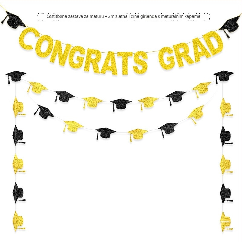 Zavjesa zastave za proslavu mature CONGRATS GRAD, sa svjetlucavim detaljima i motivom doktorskog šešira; Materijal: papir, vrpca; Kategorija: rekviziti za uređenje prostora; Primjereno za: dekoracije mature; Uzorak: bez uzorka