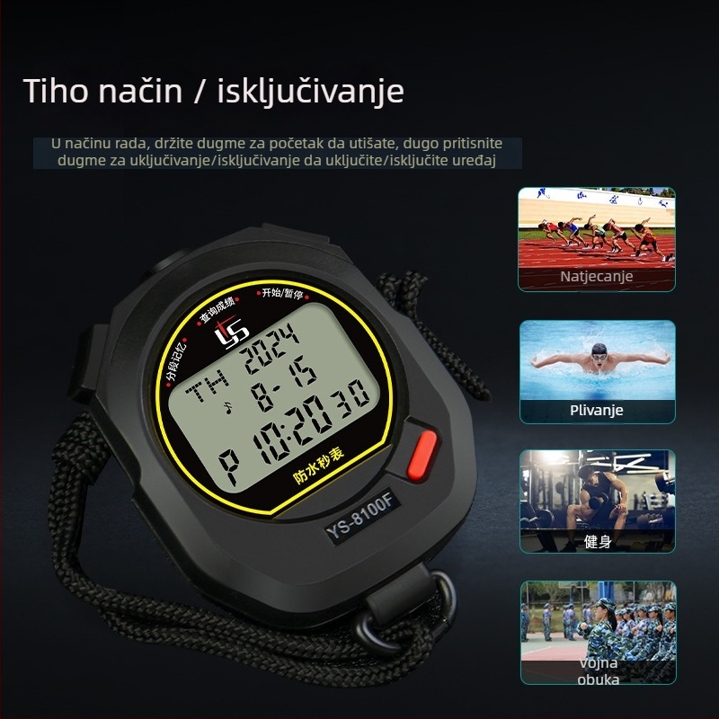 Yisheng elektronički štoper za nastavnike tjelesnog odgoja, vodootporan s pauzom, troredni prikaz, modeli 810f (10 redova) / 8100f (100 kanala)